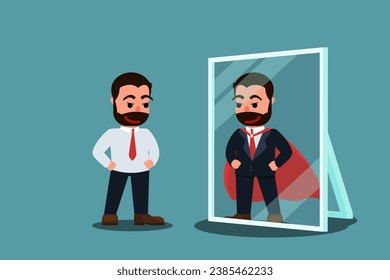 A businessman stands confidently looking in a mirror, his reflection wearing a red cape like a superhero. The concept of having goals and ambitions to succeed in business. Self-confidence.