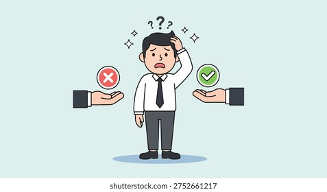 A businessman stands confused between two hands offering a wrong and right choice, symbolizing decision making and dilemma.