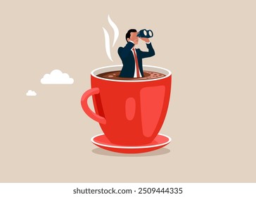 Businessman stands in a cup of coffee and using binoculars to see business vision. Creative idea for coffee time. Flat vector illustration