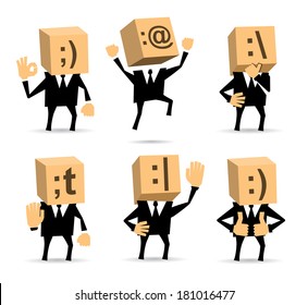 A businessman stands in different positions with the text smiley face on