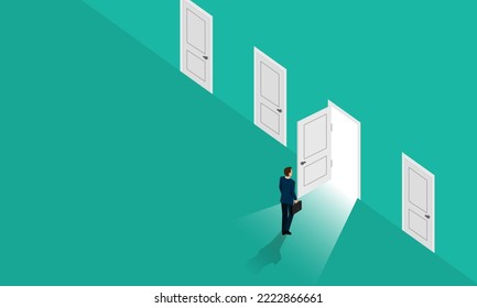 Businessman stands at the door of many opportunities to make choices. The idea of having to decide the path of a company to grow