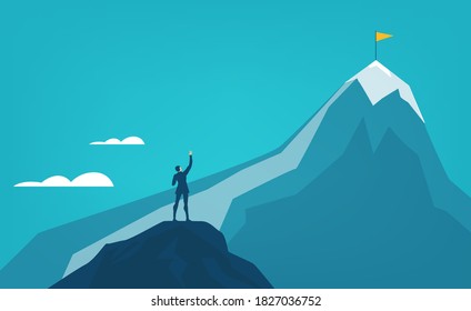 Businessman stands at the edge of cliff in dangers riscky situation. Contemporary management concept, solving problem and achievement. Business concept in flat design style illustration