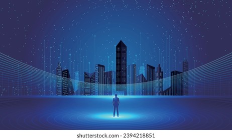 A businessman stands in an exhibition hall looking forward to the night view of the future city skyline