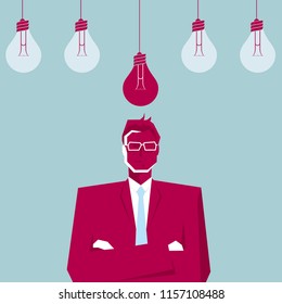 Businessman stands, five light bulbs on top of businessman. The background is white.