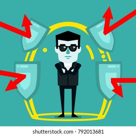 Businessman stands in a force field, protected from dangers. Security, financial safety, insurance, full protection guarantee concept. Flat style vector illustration