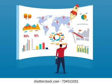 The businessman stands in front of the big data screen