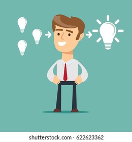 businessman stands in front of bulbs elements. cooperate concept.