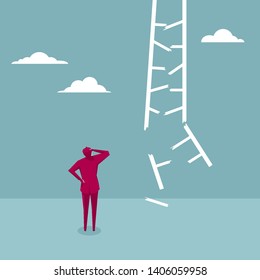 Businessman stands in front of a destroyed ladder. Isolated on blue background.