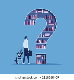 Businessman stands in front of a large closet with books in the form of a question mark, and think what choice to make