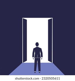 Businessman stands in front of open doors. Concept of decision making, new beginning.