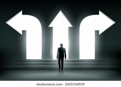 Businessman stands in front of path direction arrows. Target selection strategy. Stock vector illustration