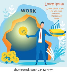 Businessman Stands front of Rock Cave with Glowing Light Bulb and Business Educational Books Stack in Hand. Lamps Pile Lying at Feet. Find Solution with Knowledge Help. Work Risks. Vector Illustration