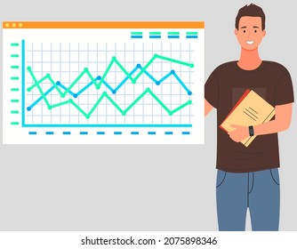 Geschäftsmann steht vor dem Bildschirm mit Diagramm, Statistik. Büroangestellte, die eine kreative Idee für die Entwicklung der Unternehmensfinanzierung haben. Der Mensch analysiert statistische Daten, Banner-Diagramm