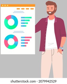 Businessman stands in front of screen with chart, statistics. Office worker having creative idea for company finance development. Man conducts analytics of statistical data, diagram on banner