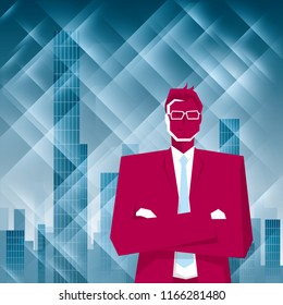 Businessman stands in front of the skyscraper.The background is blue.