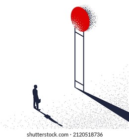 Businessman stands in front of the staircase without steps. Overcoming concept. Ladder through wall. Business challenge and solution. Obstacle on way. Vector illustration minimal flat design.