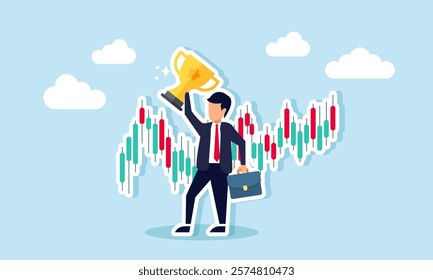 A businessman stands in front of a stick chart holding a trophy, illustration of becoming a blue-chip or big-cap shareholder