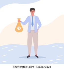 businessman stands with a full bag of money. Land transaction. Financial growth concept. Investments. Money. Big business profit attraction and success.  Challenge and the goal. Flat vector.