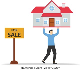 Businessman stands in full growth is engaged in the sale of real estate. Flat style. Element for presentations, sites. Vector illustration

