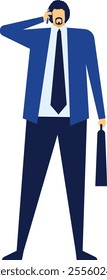 Businessman stands holding a briefcase while talking on his cell phone, conveying a sense of professionalism, mobility, and modern communication in the business world