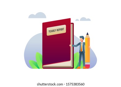 A Businessman Stands And Holds A Big Pencil And Book Vector Illustration Banner Background
