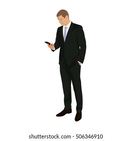 Businessman Stands And Holds Mobile Phone In Hand. Standing Man In Suit With Cell Phone, Vector Illustration