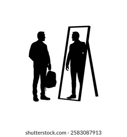 A businessman stands inside a mirror with money in his hand, a student looks at him, vector