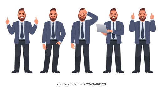 Businessman stands with a laptop in his hands, thinks about something, points to something, a gesture of approval, is sad. A bearded man in a jacket, trousers, shirt and tie stands in different poses.