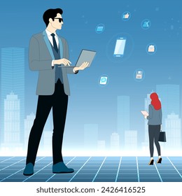 A businessman stands with a laptop and works via the internet. A businesswoman walks to work during rush hour. Against the backdrop of the future world.