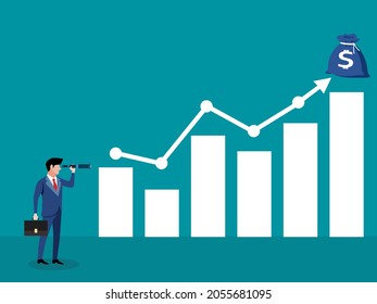 A businessman stands looking at a graph using a telescope and a bag of money on top of an arrow. growing business idea