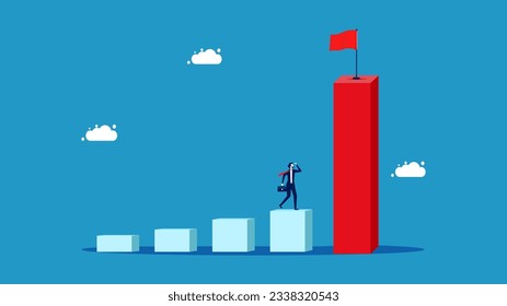 Businessman stands and looks at the bar graph that grows continuously and rapidly