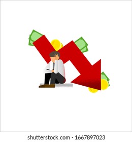 Businessman Stands And Looks At The Line Graph Going Down. Business And Finance Concept. Vector, Illustration, Flat