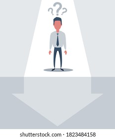 Businessman Stands And Looks At The Line Graph Going Down. Business And Finance Concept. Vector, Illustration, Flat