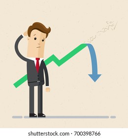 Businessman Stands And Looks At The Line Graph Going Down. Business And Finance Concept. Vector, Illustration, Flat