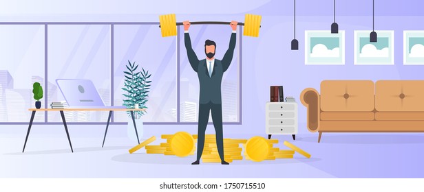 A businessman stands with a mountain of coins and raises the barbell. A man in a suit with a barbell. The concept of a successful business and revenue growth. Isolated. Vector.