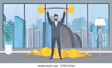 A businessman stands with a mountain of coins and raises the barbell. A man in a suit with a barbell. The concept of a successful business and revenue growth. Isolated. Vector.