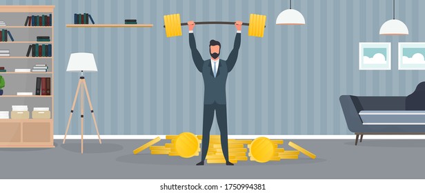 A businessman stands with a mountain of coins and raises the barbell. A man in a suit with a barbell. The concept of a successful business and revenue growth. Isolated. Vector.