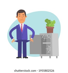 Businessman stands near an empty safe and shows that he has no money. Vector characters. Vector Illustration