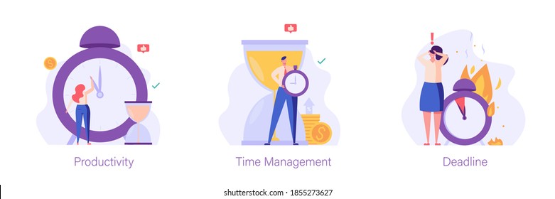 Businessman stands near an hour, man holds an alarm clock in his hands, woman holds her head, plans are burning. Set of productivity, time management, deadline. Vector illustration in flat design
