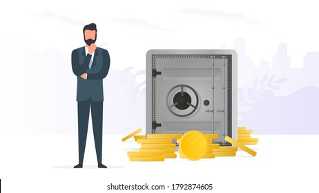 A businessman stands near a safe with gold coins. The concept of a successful business, deposits and income. Vector.