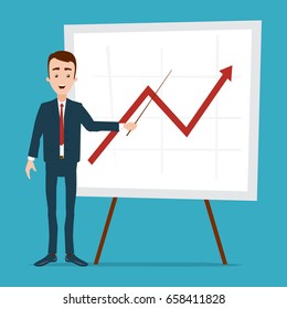 A businessman stands near the schedule with a pointer. Linear graph of decline and rise