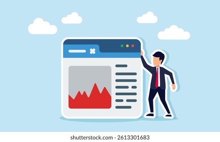 Businessman stands next to an app interface showing a chart graph, illustration of monitoring business product purchase data