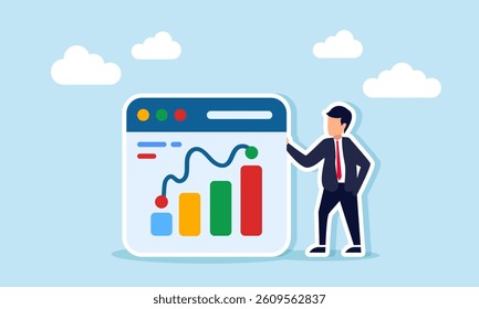 A businessman stands next to an app platform interface showing a chart graph, illustration of digital-based data monitoring and evaluation for business performance
