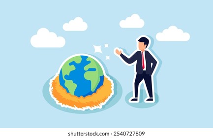 A businessman stands next to a bird's nest containing a globe, illustration of caring for and protecting the Earth to ensure business practices support going green  