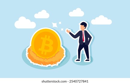 A businessman stands next to a bird's nest filled with bitcoin, illustration of caring for and securing bitcoin investment assets  