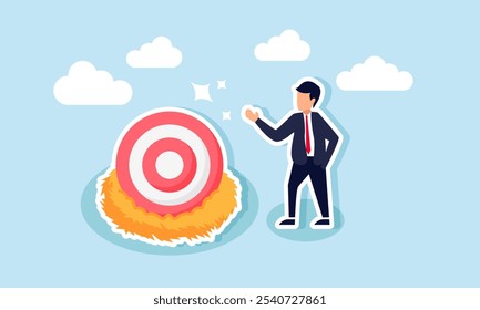 A businessman stands next to a bird's nest filled with a target board, illustration of maintaining business targets to achieve them accurately  