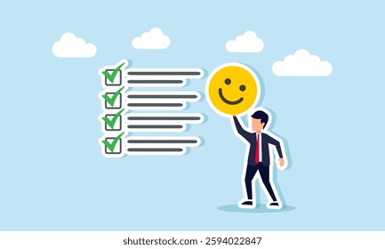 A businessman stands next to a checklist holding a happy emoticon, illustration of a reward as a positive impression for completing a business task