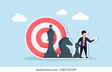 Businessman stands next to a chess piece and target board, illustration of strategy in achieving business targets