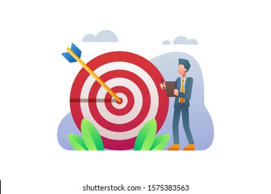 A Businessman Stands Next To A Circle Of Red Targets And Arrows That Hit The Target Right In The Middle And Analyze The Results Of Achievements Within The Company Vector Illustration Background