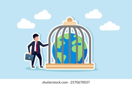 A businessman stands next to a drum containing a globe, illustration of maintaining the global market as a leading company